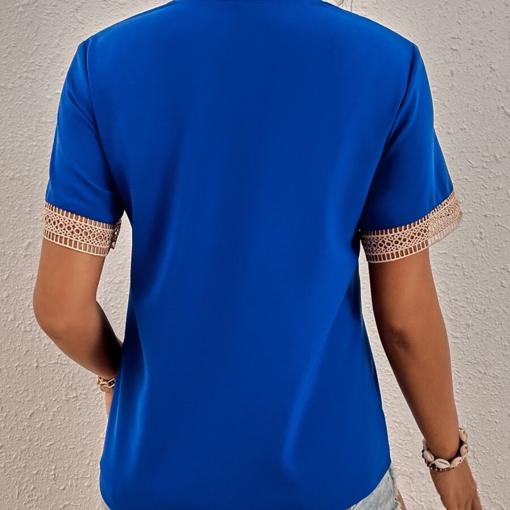 Bohemian Royal Blue V neck Lace Solid Minimalist Blouse - Picture 11 of 13
